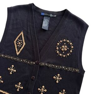 IB Diffusion Womens M Black Gold Beaded Sequins Sleeveless Knit Sweater Vest VTG